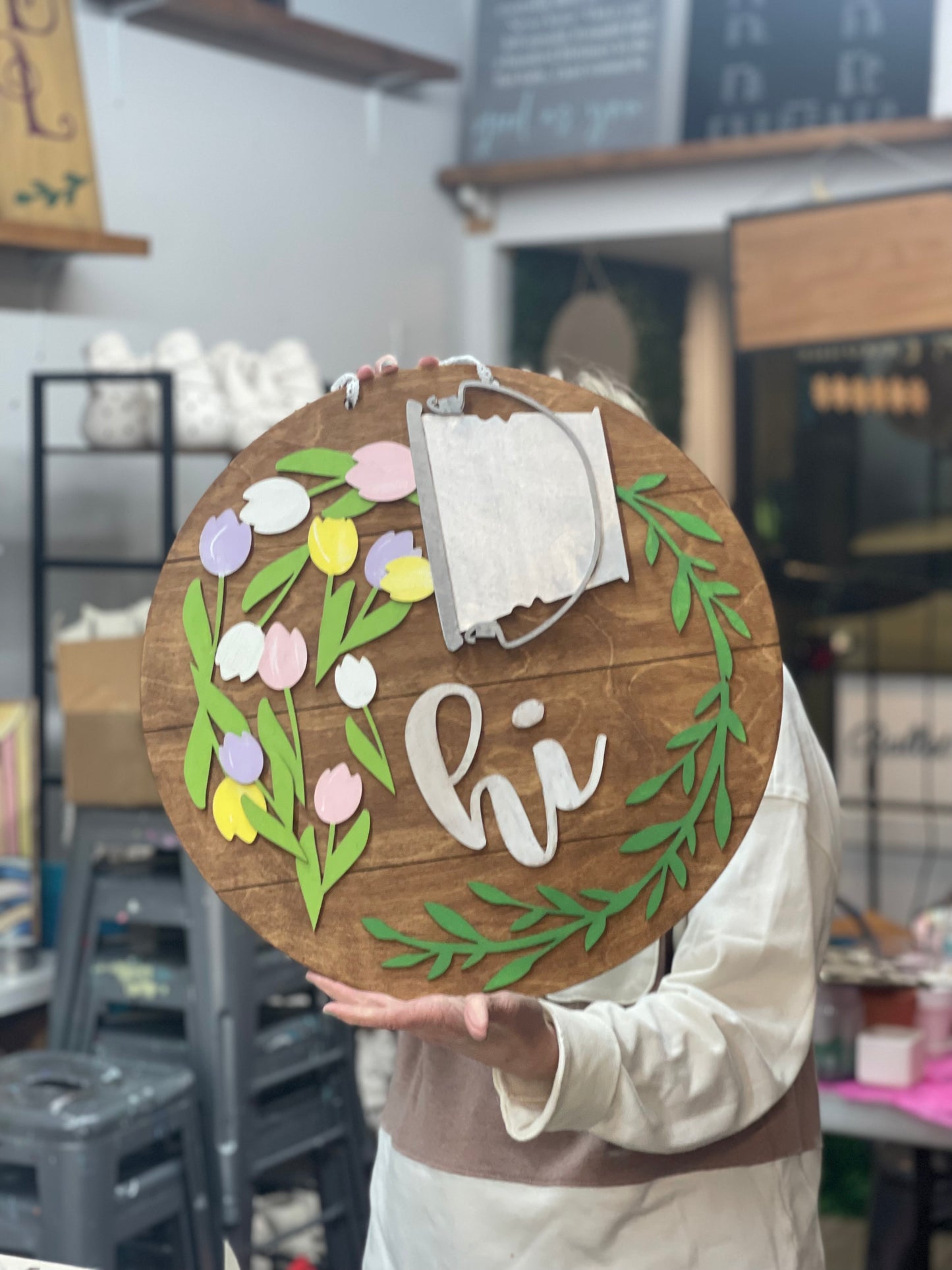 Hi bucket of flowersWood Round| 18" Design # 61