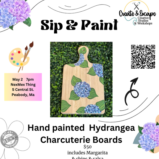Charcuterie Hand Painted Hydrangeas Sip & Paint May 2 7pm@ The NexMex Thing | Open Workshop