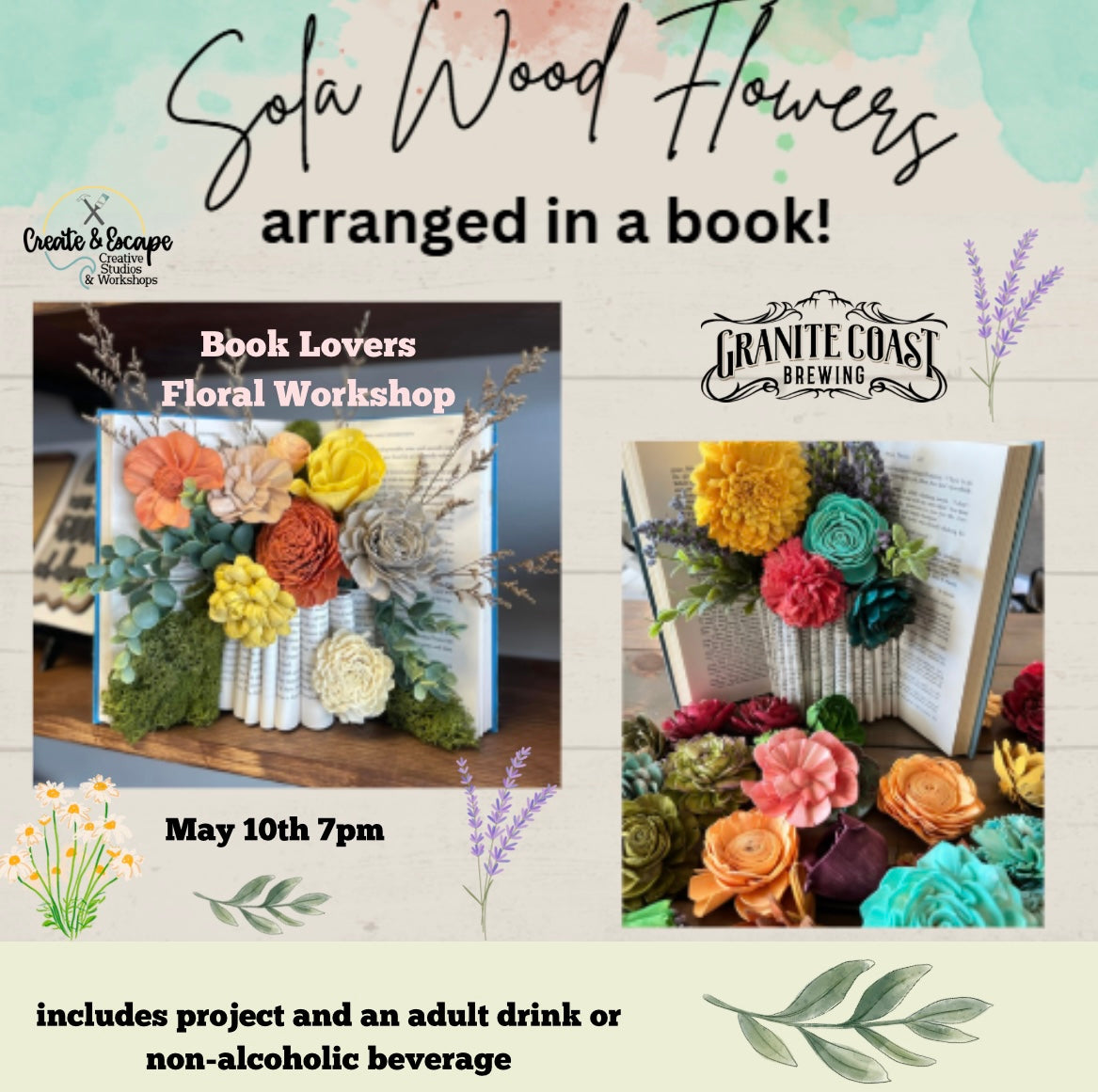 Wood Flowers at Granite Coast Brewing Company! Wood Flower Books | Open Workshop 5.10 @7pm