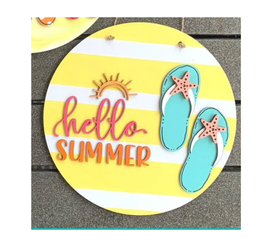 Hello Summer Flip Flops Wood Round 3D | Design 47 (Suggested Size 18")